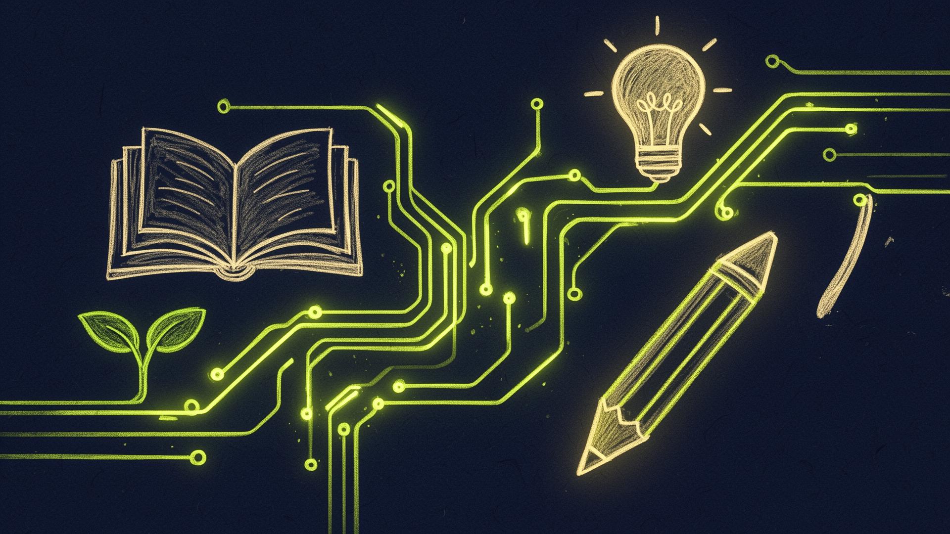 Hand-drawn classroom symbols woven through glowing lime circuitry, depicting human craft fused with AI
